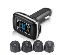 Terisass Sensor presion neumaticos TPMS DC 12V Coche 433.92MHz de monitoreo de presión de neumáticos Pantalla de Encendedor de Cigarrillos con 4 Piezas Kit de sensores externos Universal C-100