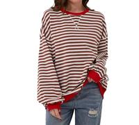 TERIVEEK Sudadera de Manga Larga con Cuello Redondo y Rayas Extragrande para Mujer, Informal, Holgada Y2K, Marrón, M
