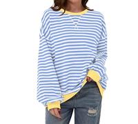 TERIVEEK Sudadera de mezcla de algodón a rayas de manga larga con cuello redondo para mujer, ajuste holgado, para primavera, verano y otoño, talla S-XL, verde, negro, marrón, burdeos, rosa, Blanco