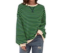 TERIVEEK Sudadera de manga larga con cuello redondo y rayas de gran tamaño para mujer, informal, holgada, para el año 2000, Gris Verde, XL