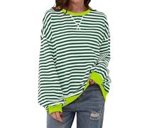 TERIVEEK Sudadera de Manga Larga con Cuello Redondo y Rayas Extragrande para Mujer, Informal, Holgada Y2K, Verde, Blanco, XL