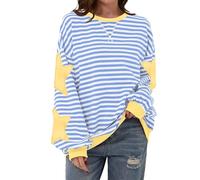 TERIVEEK Sudadera de manga larga con cuello redondo y rayas extragrande para mujer, informal, holgada Y2K, blanco, azul, (Blue white star), XL