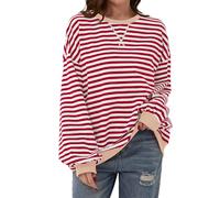 TERIVEEK Sudadera de Manga Larga con Cuello Redondo y Rayas Extragrande para Mujer, Informal, Holgada Y2K, Rojo/Blanco, XL