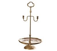 TerkCo Soporte de joyería vintage de latón macizo con bandeja de vidrio, organizador de 16.5 pulgadas de alto para collares, aretes, pulseras, anillos, soporte decorativo dorado antiguo para tocador y