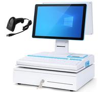 Terminal de punto de venta electrónico con caja registradora, pantalla táctil LED de 15,6", teclado de 101 teclas, escáner portátil, impresora térmica de 58 mm y cajón de efectivo White-DualScreen