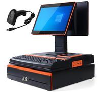 Terminal de punto de venta electrónico con caja registradora, pantalla táctil LED de 15,6", teclado de 101 teclas, escáner portátil, impresora térmica de 58 mm y cajón de efectivo Orange-DualScreen