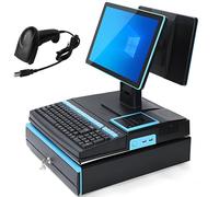 Terminal de punto de venta electrónico con caja registradora, pantalla táctil LED de 15,6", teclado de 101 teclas, escáner portátil, impresora térmica de 58 mm y cajón de efectivo Blue-DualScreen