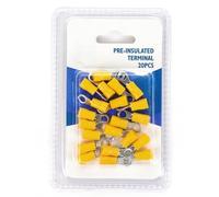 Terminal preaislado amarillo, 20 unidades por blíster. Conexión segura y resistencia al calor, ideal para cableado eléctrico y terminaciones.