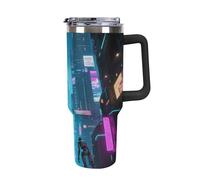 Termo de acero inoxidable de 1,18 l con asa y tapa con pajita. El diseño cónico cabe en el portavasos de tu coche, termo estampado de ciudad futura, un artículo imprescindible para acampar y fitness