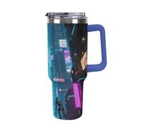 Termo de acero inoxidable de 1,18 l con asa y tapa con pajita. El diseño cónico cabe en el portavasos de tu coche, termo estampado de ciudad futura, un artículo imprescindible para acampar y fitness