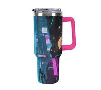 Termo de acero inoxidable de 1,18 l con asa y tapa con pajita. El diseño cónico cabe en el portavasos de tu coche, termo estampado de ciudad futura, un artículo imprescindible para acampar y fitness