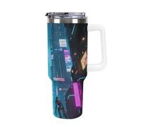 Termo de acero inoxidable de 1,18 l con asa y tapa con pajita. El diseño cónico cabe en el portavasos de tu coche, termo estampado de ciudad futura, un artículo imprescindible para acampar y fitness