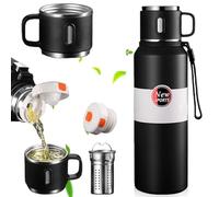 Termo de acero inoxidable de 1,5 L con filtro de capas, termo a prueba de fugas con cordón, botella térmica de 24 horas con funda para vaso y cepillo para viajes, deportes, café y té (negro)