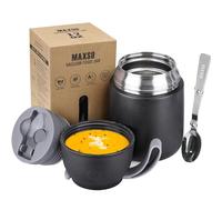 Termo para Comida 500ml Taza Aislada de Acero Inoxidable，Recipiente Aislante con Cuchara Plegable Recipiente Térmico sin BPA para Sopa, Frutas(negro)