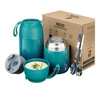 Termo para Comida Set 500ml+700ml Taza Aislada de Acero Inoxidable，Recipiente Aislante con Cuchara Plegable Recipiente Térmico sin BPA para Sopa, Frutas(azul verde)