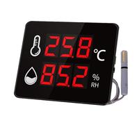 Termohigrómetro industrial y de laboratorio de alta precisión. Rango de temperatura: -40-100 °C, 0-99% HR. Incluye cabezal sensor de 3 m y límites superior e inferior configurables.