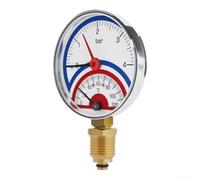Termómetro de doble puntero Barómetro 0-120 ° C 0-4 Bar Manómetro de | para sistemas de calefacción por suelo radiante con rosca de 0,6 cm y adaptador de 1,3 cm, carcasa de metal de latón