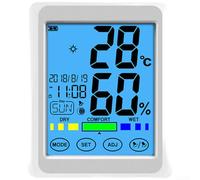 Termómetro digital higrómetro interior con pantalla táctil - Indicador de nivel de comodidad para el hogar habitación del bebé - Pantalla LCD Temperatura Humedad Monitor -10 a 50C 101 x 82 mm (blanco)