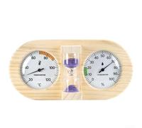 Termómetro higrómetro de sauna para combo en madera de pino, sensor analógico bimetálico con temporizador de arena para ducha de spa, montaje en pared, 29 x 14 cm (morado)