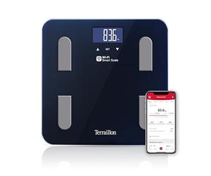 TERRAILLON - FIT COACH - Balanza conectada WiFi, impedanciómetro, análisis de masas grasas, musculares, hídricas, óseas y viscerales, IMC, pantalla LCD, capacidad 180 kg, bandeja de cristal, negro