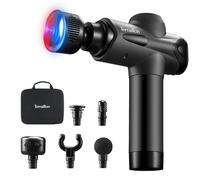 TERRAILLON GUN MASSAGER EXPERT - Pistola de masaje multizonas, 20 velocidades 2800-3200 RPM, pantalla digital, temporizador integrado, 5 puntas de silicona, 1 caliente-frío, USB-C, funda incluida