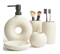 Terramoza Juego de Accesorios de baño de cerámica, 5 Piezas, Incluye dispensador de jabón, Vaso para Cepillo de Dientes, Soporte para Cepillo de Dientes, jabonera y portavelas, Beige, Esmalte Mate,