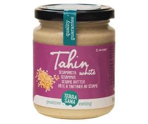 TerraSana Pasta de sésamo blanco Tahin Bio Tahin - Pasta pura de semillas de sésamo orgánicas peladas para hummus, yogur, salsas y aderezos, (1 x vaso de 500 g) tahini, líquido, para la producción de