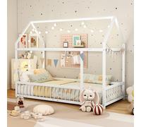 TerraVibe Cuna, UNA plantilla con puertas y vallas protectoras, cama de casa blanca, UNA cama plana de metal con camas planas para niños, cama juvenil con techo (J)