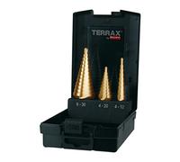 Terrax by Ruko 3 piezas Juego de brocas escalonadas HSS-TiN (recta, genutet en los tamaños 0/9, 1, 2 en Estable, práctico láser de plástico, 1 pieza, A101 126tro