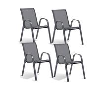 TERRE JARDIN Pack de 4 Sillas de Jardín de Textileno Gris - Sillas de Exterior Apilables con Reposabrazos - Resistentes al Sol y a la Intemperie para Terraza y Balcón