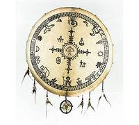 Terré Tambor de chamán de 50 cm, estilo Saami con serigrafía espiritual en piel de cabra, plumas y mazos