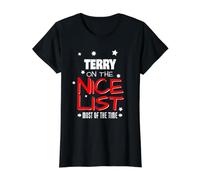 Terry On The Nice List Funny Christmas Terry Nombre Camiseta gráfica económica, Mujer, Negro, XS