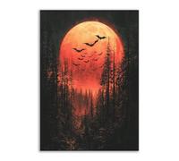 TERUEA Arte pared flores silvestres abstractas Una luna roja y murciélagos negros, Pintura Abstracta Para Salon Decoración Grande(Rojo-70x100cm1 Sin marco