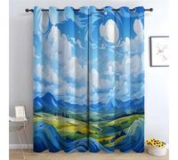 TERUEA Cortinas con Estampado Colina Valle Verde Nubes arremolinadas Cielo Azul Brillante botánico con Estampado Floral, Cortina para Sala, Comedor, Dormitorio-300Al x 140An cm (2 Paneles)