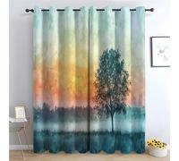TERUEA Cortinas Habitacion Estampadas Flores Acuarela árbol Solo Paisaje crepúsculo para Ventanas Salón Moderno Dormitorio Juvenil-140Al x 110An cm (2 Paneles)