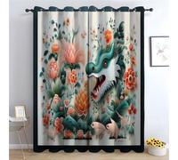 TERUEA Cortinas Habitacion Estampadas Flores Dragón Verde rodeado Flores durazno pajaritos para Ventanas Salón Moderno Dormitorio Juvenil-160Al x 70An cm (2 Paneles)