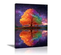TERUEA Cuadro Decorativo Flores Vintage, Árbol alto cielo estrellado lago isla picos montañosos lejanos Cuadros Floral Decorativos Salón Dormitorio Decoración Pared（Naranja-70x100cm Enmarcado