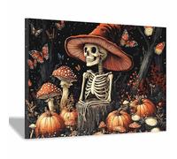 TERUEA Cuadros Decoracion Salon Modernos Un esqueleto con una gorra hongo se encuentra entre hongos, Cuadro Sobre Lienzo Moderno Dormitorio Pared Imágenes Wall Art Prints（Rojo-40x60cm1 Enmarcado