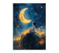 TERUEA Cuadros Decoracion Salon Modernos Una linda chica sentada en la luna, Junto a él: Cuadro Sobre Lienzo Moderno Dormitorio Cocina Cuadros Pared Imágenes(Amarillo-30x45cm1 Sin marco