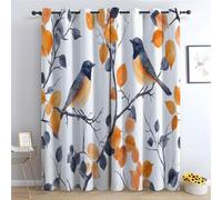 TERUEA Genérico Cortinas Opacas Interior Rama otoño Acuarela Dos pajaritos Naranja botánico Parte Superior, Cortina de Ventana para Sala Dormitorio-140Al x 110An cm (2 Paneles)