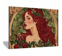 TERUEA Imágenes murales sobre lienzo vintage niña Mujer Granada Cabellos Rojos Art Nouveau - Arte de pared vintage - Arte floral - Cocina - Comedor - Decoración（Rojo-70x100cm Enmarcado