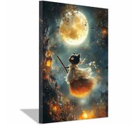 TERUEA Impresión pueblo Halloween, Un lindo animal negro montado en una escoba bruja impresiones en lienzo, arte pared para dormitorio y sala estar, （Oro-80x120cm1 Enmarcado