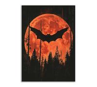 TERUEA Impresión pueblo Halloween, Un murciélago volando sobre una luna roja rodeada negro, impresiones en lienzo, arte para dormitorio y sala estar (Negro-60x90cm1 Sin marco