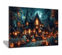 TERUEA Impresión pueblo Halloween, Una casa embrujada con luna llena fondo impresiones en lienzo, arte pared para dormitorio y sala estar, moderna para decoración(Negro-60x90cm1 Enmarcado