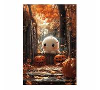 TERUEA Lienzo decorativo para pared Halloween, Un lindo espíritu está rodeado calabazas detrás una cerca, terror, dormitorio, obra arte（Blanco-80x120cm1 Sin marco