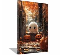 TERUEA Lienzo decorativo para pared Halloween, Un lindo espíritu está rodeado calabazas detrás una cerca, terror, dormitorio, obra arte（Blanco-70x100cm1 Enmarcado