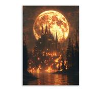 TERUEA Lienzo decorativo para pared Halloween, Una enorme luna llena, un castillo antiguo, terror, Halloween, arte pared para sala estar, dormitorio (Marrón-40x60cm1 Sin marco
