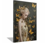 TERUEA Pintura sobre diseño vintage de mujer Mujer Floral Mariposas Amarillas antiguo pinturafemenino arte adecuada para sala de estar dormitorio oficina decoración（Amarillo-20x30cm Enmarcado