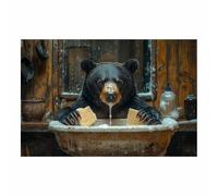 TERUEA Poster Arte Pared Baño, Oso marrón lavándose en el fregadero Estilo Pintura al Óleo Vintage para Sala Dormitorio（Marrón chocolate-70x100cm1 Sin marco