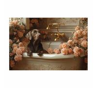 TERUEA Quadros Decoração Sala Labrador chocolate en bañera rosas Estilo Pintura al Óleo Vintage para Sala Dormitorio（Rosa claro-70x100cm1 Sin marco
